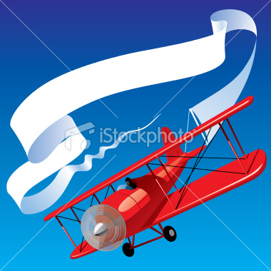 Vector image of vintage red airplane with blank banner in the sky Zip-file includes: AI (v.8), JPEG (4000x4000) with the Clipping Path Check also: