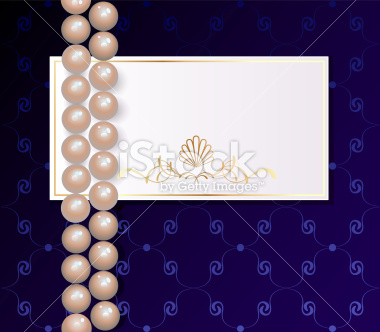 a white business card with a necklace from light pearls lies on a dark dark blue background decorated by an elegant pattern