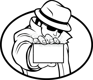 A black and white version of a detective showing his business card. Another unique element to be put in your ad. Available in this related lightbox :):