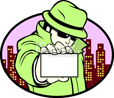 A comical illustration of a detective showing his business card.