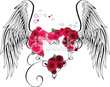 Heart with roses and wings. All elements and textures are individual objects. Vector illustration scale to any size. Transparent PNG version included.