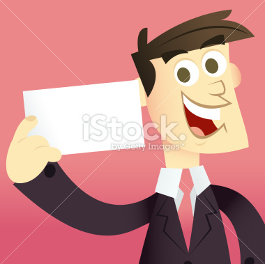 A cartoon vector illustration of a happy business man in suit holding a blank card/business card. Man and background are on separate layers. See related images: