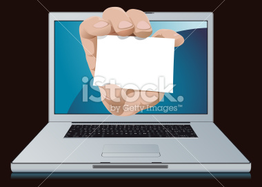 vector illustration of detailed laptop with hand with business card. For inspector: laptop not derived from photo or 3d render, is a copy from a real object with some alterations. Thank you.