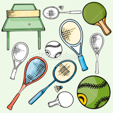 A set of 5 tennis, table tennis and badminton icons in color, and black and white renderings. Ready-to-cut. Pantone colors.