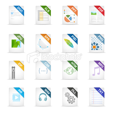 16 filetype Icons: doc, xls, ppt, pdf, jpg, eps, psd, png, zip, css, htm, mp3, avi, wav, dll, txt. Transparent PNGs with and w/o shadow included.
