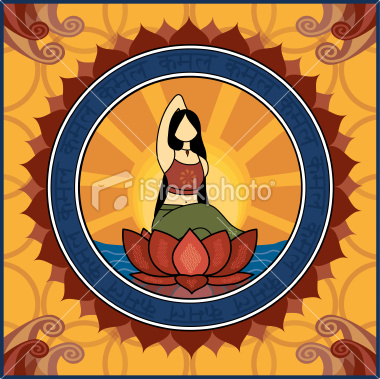 An illustration of a woman practicing yoga seated inside a red lotus flower. The text reads "kamal" - lotus. (Includes .jpg)