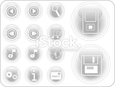 Vector buttons in white with internet and music theme.