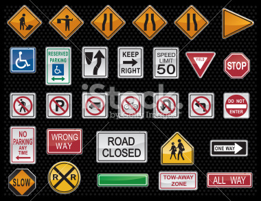 An assortment of traffic warning signs created to look like buttons.