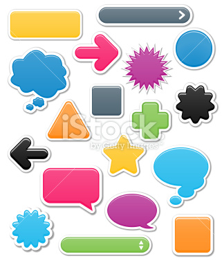 Collection of brightly colored, smooth web elements including: arrows, search bars, speech and thought bubbles. Perfect for adding your own text or icons. Blends used to create drop shadow effect. Glossy and companion files: