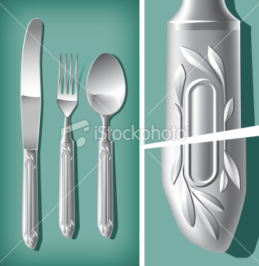 Silver place setting (spoon, fork and knife).