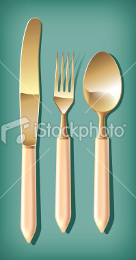 Golden place setting (spoon, fork and knife).