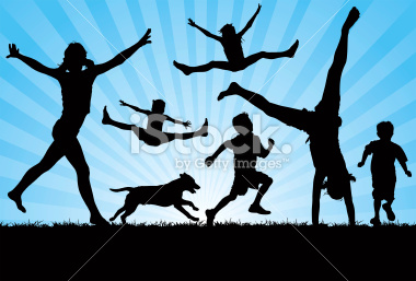 Six (6) vector silhouettes of active, playful, joyful children... and one happy dog! Note: all images are separate... paws, hands and feet are complete where they meet the grass.