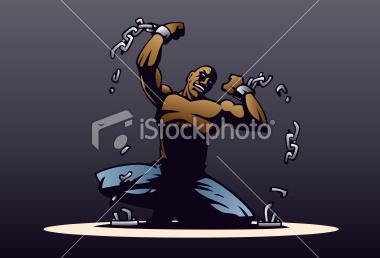 An image of a guy in chains who has had enough and has found the strength to break free from the chains.