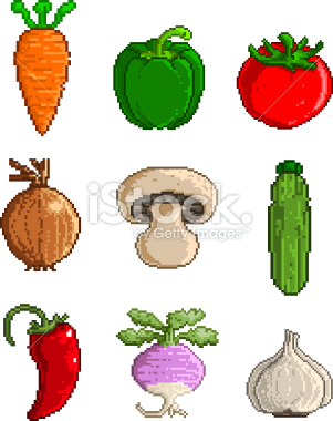 Vector illustration of Pixel Art vegetables. The artwork is composed of vector squares representing pixels. They can be rotated and scaled at larger sizes retaining the distinct, retro 8 bit style without becoming anti-aliased and blurry. Additionally t