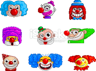 Vector illustration of Pixel Art Clown character icons. The artwork is composed of vector squares representing pixels. They can be rotated and scaled at larger sizes retaining the distinct, retro 8 bit style without becoming anti-aliased and blurry. Addit