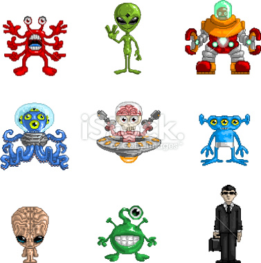 Vector illustration of Pixel Art Alien character icons. The artwork is composed of vector squares representing pixels. Thus the icons can be rotated and scaled at larger sizes retaining the distinct, retro 8 bit style without becoming anti-aliased and blu