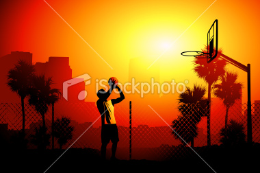 Vector silhouette of a basketball player taking a free throw with a sunset urban environment behind him. Features detailed elements neatly arranged in layers and easy color switching. [url=my_lightbox_contents.php?lightboxID=587670 t=_blank]Urbanity se