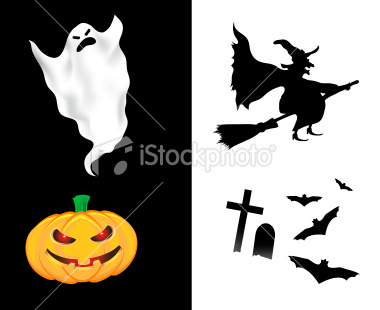 Halloween design elements isolated on white and black background