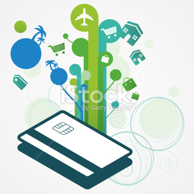An isometric credit card with a lot of icons and graphics coming out: palms, vacations, price tag, house, shopping cart, shopping bag, airplane. Shopping with card concept. [url=http://www.istockphoto.com/file_search.php?action=file&lightboxID=931286