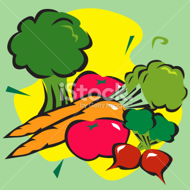 A stylized vector drawing of various vegetables (carrot, tomato, radishes, and broccoli). No gradients were used when creating this illustration. This download includes an AI8 EPS vector file as well as a high resolution JPEG file (minimum 1900 x 2800 pi