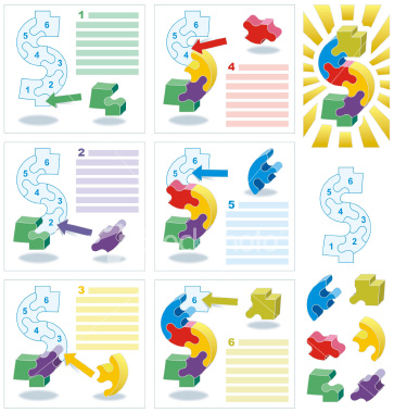 Blueprint, 3d jigsaw puzzle pieces, dollar sign as business success metaphor, consequent stages of making a puzzle as steps to achieve a goal. For more jigsaw puzzle templates, patterns, design elements and samples of use please visit the following link: