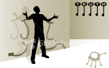 Vector illustration of a man being set free from chains, the Christian theme being "the truth will set you free" with 2 sets of keys with letter cut-outs that spell truth. Includes: Illus v9 & EPS v8, full size PSD (Photoshop file w/ layers