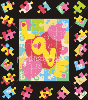 Valentine or romantic jigsaw puzzle template and pattern. It is easy to use center design to make real or electronic puzzle or Valentine Day greeting card. Scattered pieces are 75% of main design and form full set. Black background was used just for more