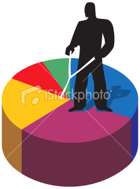 business concept illustration, metaphor, businessman looking for best investment on a pie chart
