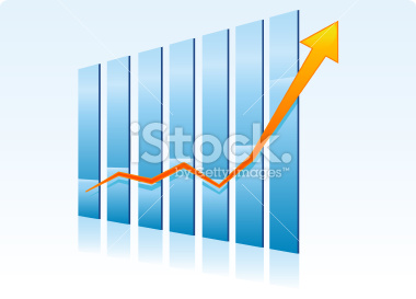 Successful growing bull trend chart vector illustration. Blue columns and orange trend line.