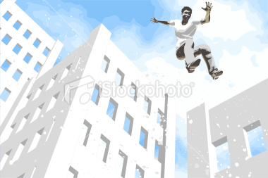 Vector Illustration of young man jumping from building to building in Free Run - Parkour style