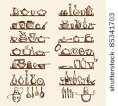 kitchen utensils on shelves ...