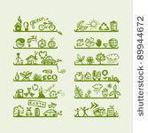 shelves with ecology icons for...