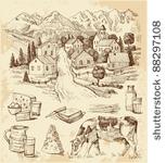village houses sketch with food
