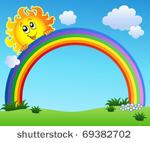 sun holding rainbow on blue sky ...