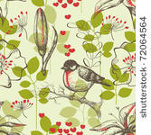 bird and lilies seamless pattern