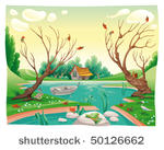 pond and animals. funny cartoon ...