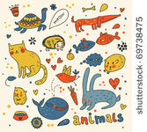 cute animals doodles in color
