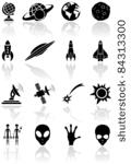 set of black space icons on...