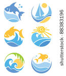 a set of icons   of fish and sea