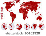 red world map with earth globes