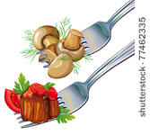 mushrooms and meat on fork