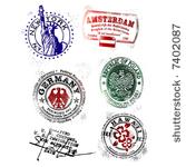 series of stylized travel stamps