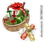 a christmas basket with wine ...