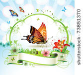 red butterfly with flowers and...