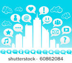 cityscape and social icons.