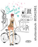 cute girl with bicycle in summer