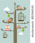 birds on tree branch vector...