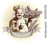 woodcut style baker and bread...