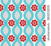 red retro flowers and blue wavy ...